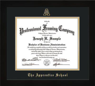 Image of The Apprentice School Diploma Frame - Flat Matte Black - w/Embossed AS Seal & Name - Black on Gold mat