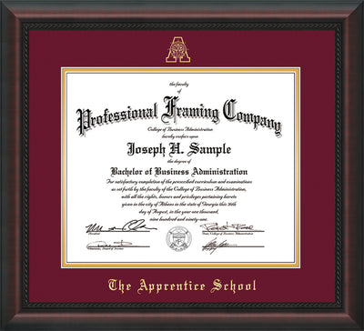 Image of The Apprentice School Diploma Frame - Mahogany Braid - w/Embossed AS Seal & Name - Maroon on Gold mat