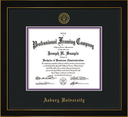 Image of Asbury University Diploma Frame - Honors Black Satin - w/Embossed Asbury Seal & Name - Black on Purple mat