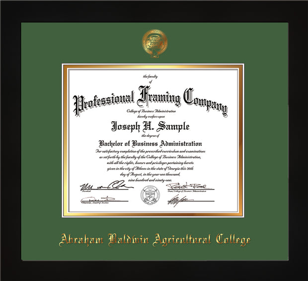 Image of Abraham Baldwin Agricultural College Diploma Frame - Flat Matte Black - w/Embossed ABAC Seal & Name - Green on Gold mat