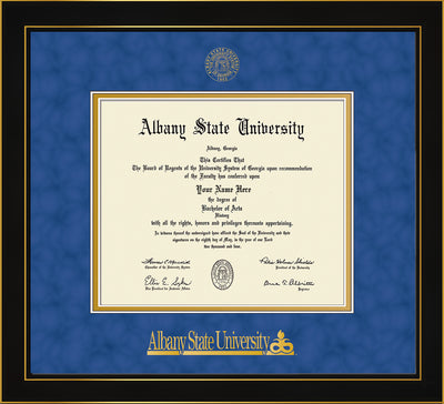 Image of Albany State University Diploma Frame - Honors Black Satin - w/Embossed Albany Seal & Name - Royal Blue Suede on Gold mat