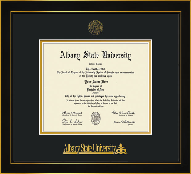 Image of Albany State University Diploma Frame - Honors Black Satin - w/Embossed Albany Seal & Name - Black on Gold mat
