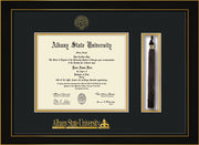 Image of Albany State University Diploma Frame - Honors Black Satin - w/Embossed Albany Seal & Name - Tassel Holder - Black on Gold mat