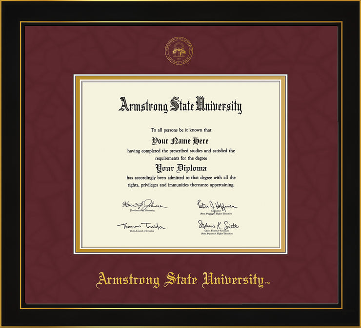 Image of Armstrong State University Diploma Frame - Black Lacquer - w/Embossed ASU Seal & Name - Maroon Suede on Gold mat