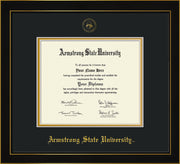 Image of Armstrong State University Diploma Frame - Honors Black Satin - w/Embossed ASU Seal & Name - Black on Gold mat