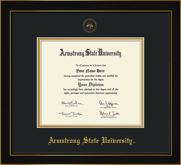 Image of Armstrong State University Diploma Frame - Honors Black Satin - w/Embossed ASU Seal & Name - Black on Gold mat
