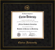 Image of Clarion University of Pennsylvania Diploma Frame - Honors Black Satin - w/Embossed Seal & Name - Black Suede on Gold mat