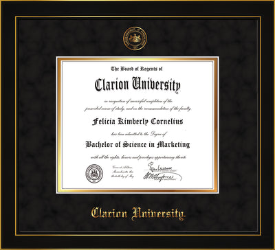 Image of Clarion University of Pennsylvania Diploma Frame - Honors Black Satin - w/Embossed Seal & Name - Black Suede on Gold mat