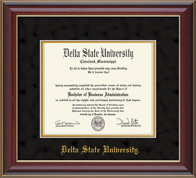 Image of Delta State University Diploma Frame - Cherry Lacquer - w/School Name Only - Black Suede on Gold mats