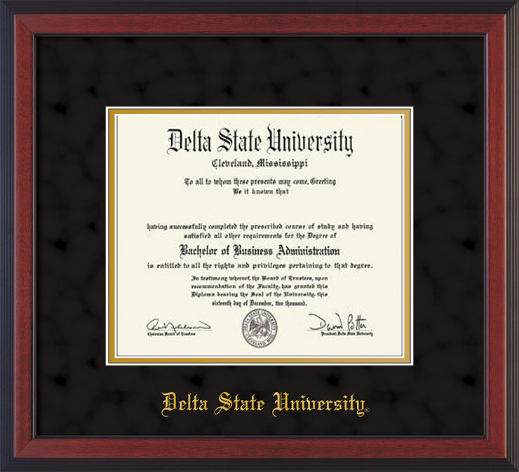 Image of Delta State University Diploma Frame - Cherry Reverse - w/School Name Only - Black Suede on Gold mats