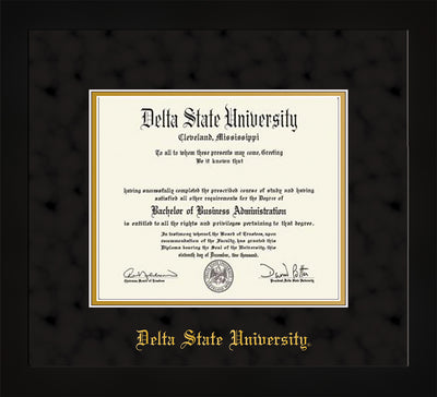 Image of Delta State University Diploma Frame - Flat Matte Black - w/School Name Only - Black Suede on Gold mats