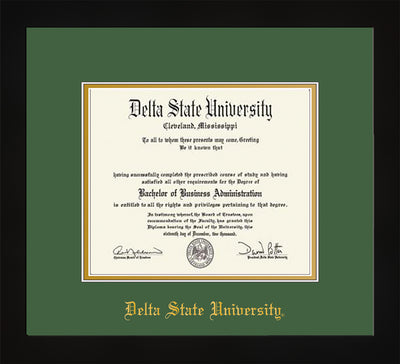 Image of Delta State University Diploma Frame - Flat Matte Black - w/School Name Only - Green on Gold mats