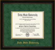 Image of Delta State University Diploma Frame - Honors Black Satin - w/School Name Only - Green Suede on Gold mats