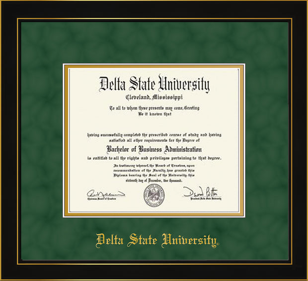 Image of Delta State University Diploma Frame - Honors Black Satin - w/School Name Only - Green Suede on Gold mats