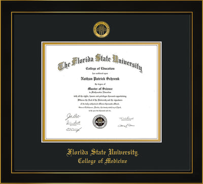 Image of Florida State University Diploma Frame - Honors Black Satin - w/Embossed FSU Seal & College of Medicine Name - Black on Gold mats