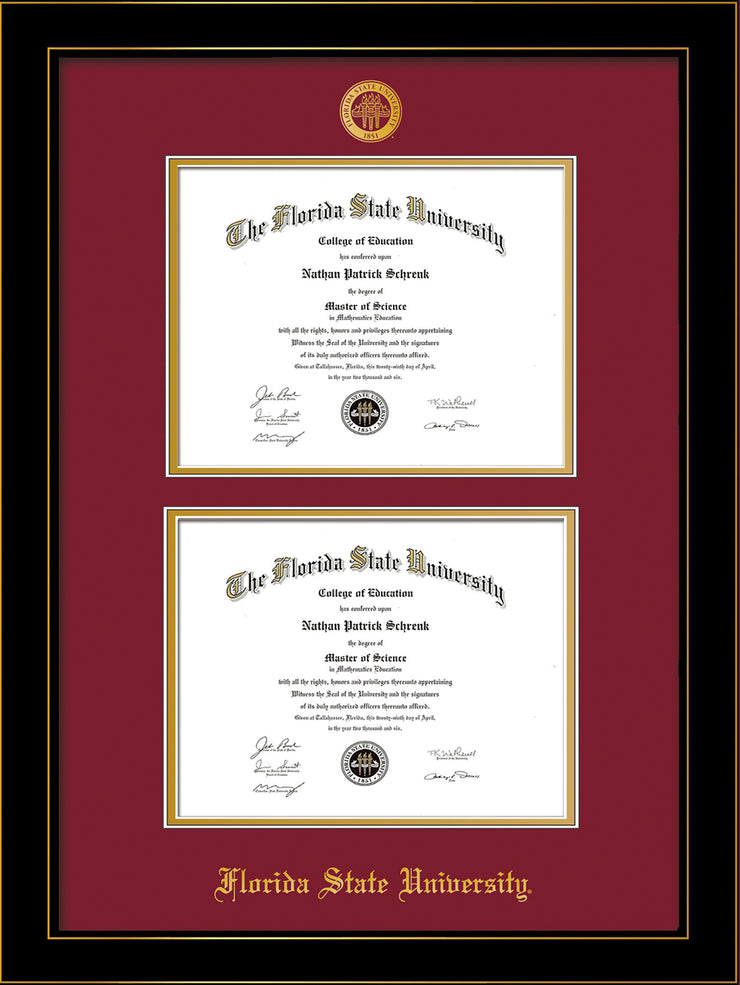 Image of Florida State University Diploma Frame - Honors Black Satin - w/Embossed FSU Seal & Name - Double Diploma - Garnet on Gold mats