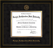 Image of Georgia Southwestern State University Diploma Frame - Honors Black Satin - w/Embossed Seal & Name - Black Suede on Gold mat
