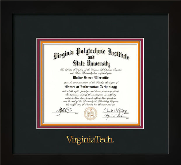 Image of Virginia Tech Diploma Frame - Flat Matte Black - w/Embossed VT Wordmark Only - Black on Maroon on Orange mat