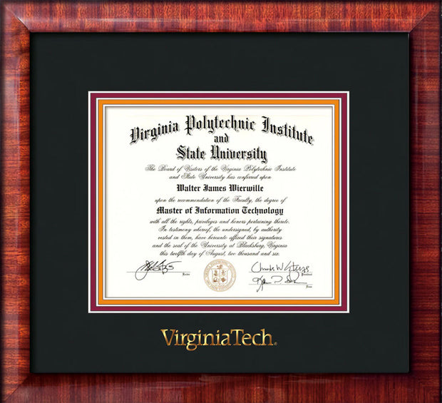Image of Virginia Tech Diploma Frame - Mezzo Gloss - w/Embossed VT Wordmark Only - Black on Maroon on Orange mat