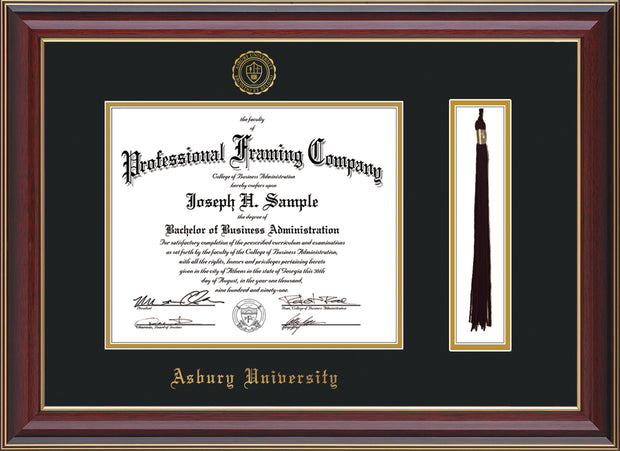 Image of Asbury University Diploma Frame - Cherry Lacquer - w/Embossed Asbury Seal & Name - Tassel Holder - Black on Gold mat