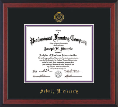 Image of Asbury University Diploma Frame - Cherry Reverse - w/Embossed Asbury Seal & Name - Black on Purple mat