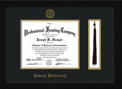 Image of Asbury University Diploma Frame - Flat Matte Black - w/Embossed Asbury Seal & Name - Tassel Holder - Black on Gold mat