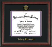 Image of Asbury University Diploma Frame - Rosewood - w/Embossed Asbury Seal & Name - Black on Purple mat