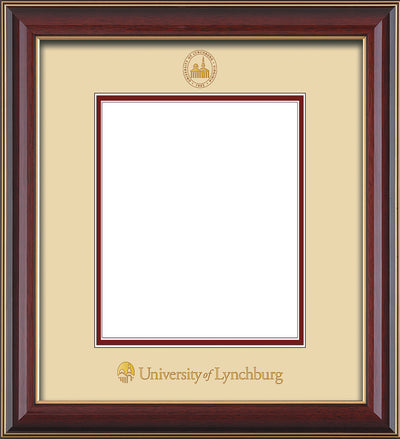 Image of University of Lynchburg Diploma Frame - Cherry Lacquer - w/Embossed UL Seal & Name - Cream on Crimson mat