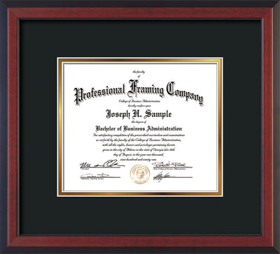 Front of Custom Cherry Reverse Document Frame with Black on Gold Mat - Horizontal
