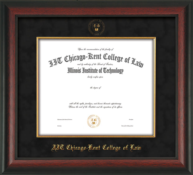 Image of Chicago-Kent College of Law Diploma Frame - Rosewood with Gold Lip - w/Embossed CKCL Seal & Name - Museum Glass - Fillet - Black Suede mat
