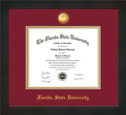 Image of Florida State University Diploma Frame - Flat Matte Black - w/24k Gold-Plated Medallion FSU Name Embossing - Garnet on Gold mats