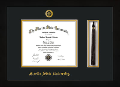 Image of Florida State University Diploma Frame - Flat Matte Black - w/Embossed FSU Seal & Name - Tassel Holder - Black on Gold mats
