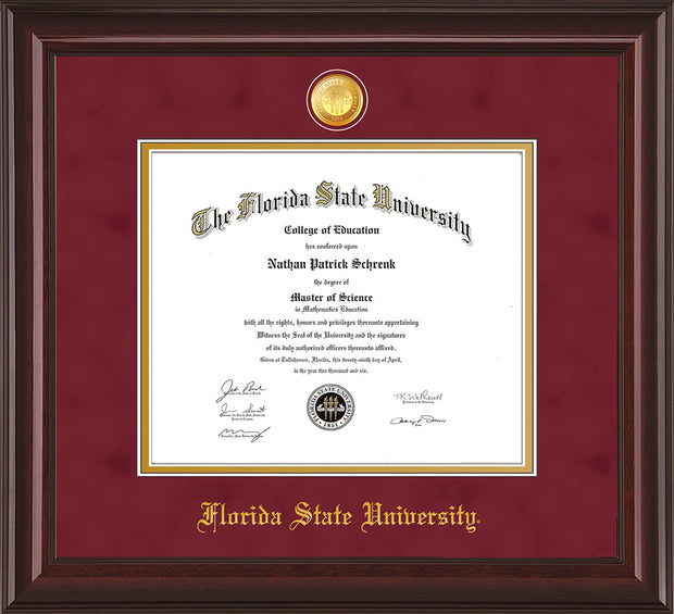 Image of Florida State University Diploma Frame - Mahogany Lacquer - w/24k Gold-Plated Medallion FSU Name Embossing - Garnet Suede on Gold mats