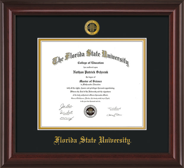 Image of Florida State University Diploma Frame - Mahogany Lacquer - w/Embossed FSU Seal & Name - Black on Gold mats