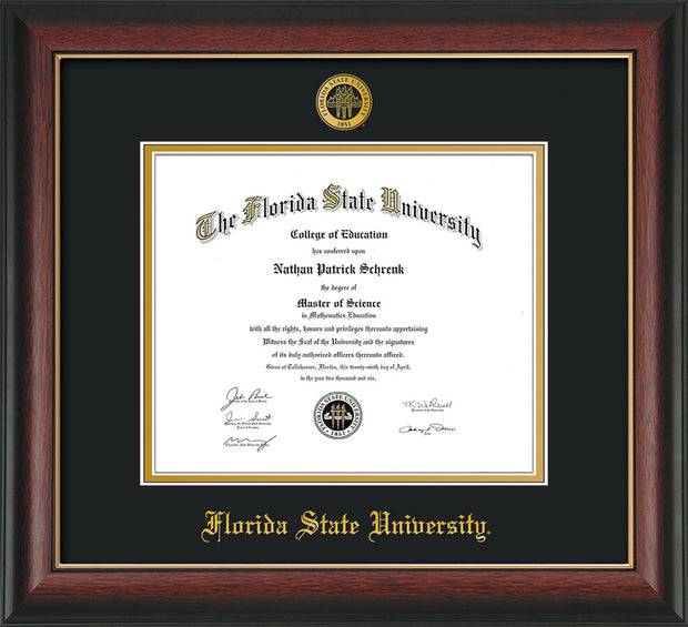 Image of Florida State University Diploma Frame - Rosewood w/Gold Lip - w/Embossed FSU Seal & Name - Black on Gold mats