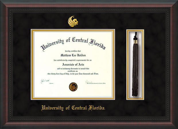 Image of University of Central Florida Diploma Frame - Mahogany Bead - w/Embossed UCF Seal & Name - Tassel Holder - Black Suede on Gold mat