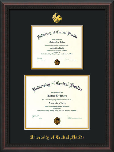 Image of University of Central Florida Diploma Frame - Mahogany Braid - w/Embossed UCF Seal & Name - Double Diploma for 8.5x11 & 11x14 diplomas - Black on Gold mats