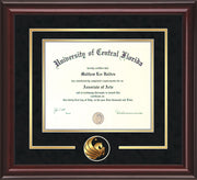 University of Central Florida Diploma Frame - Mahogany Lacquer - 3D Laser Pegasus Logo Cutout - Black Suede on Gold mat
