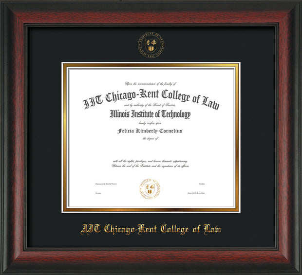Image of Chicago-Kent College of Law Diploma Frame - Rosewood - w/Embossed CKCL Seal & Name - Museum Glass - Black on Gold mat