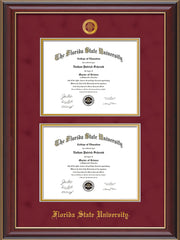 Image of Florida State University Diploma Frame - Cherry Lacquer - w/Embossed FSU Seal & Name - Double Diploma - Garnet Suede on Gold mats