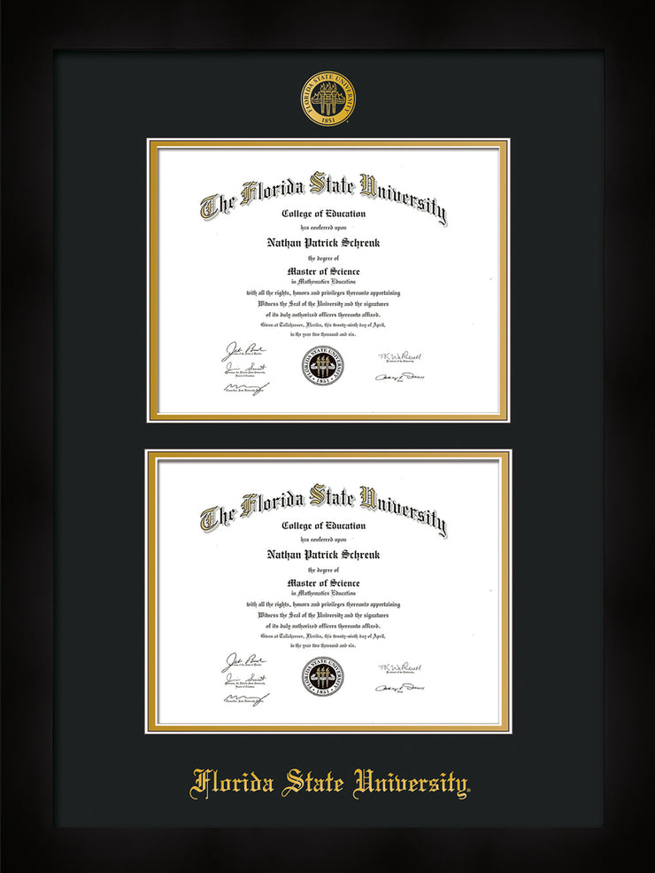 Image of Florida State University Diploma Frame - Flat Matte Black - w/Embossed FSU Seal & Name - Double Diploma - Black on Gold mats