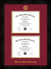 Image of Florida State University Diploma Frame - Flat Matte Black - w/Embossed FSU Seal & Name - Double Diploma - Garnet on Gold mats