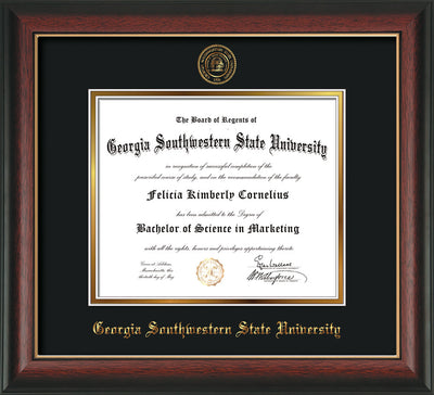 Image of Georgia Southwestern State Univerity Diploma Frame - Rosewood w/Gold Lip - w/Embossed Seal & Name - Black on Gold mat