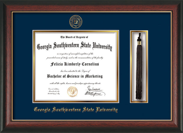 Image of Georgia Southwestern State Univerity Diploma Frame - Rosewood w/Gold Lip - w/Embossed Seal & Name - Tassel Holder - Navy on Gold mat