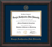 Image of Georgia Southwestern State Univerity Diploma Frame - Mahogany Braid - w/Embossed Seal & Name - Navy on Gold mat