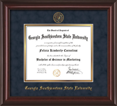 Image of Georgia Southwestern State Univerity Diploma Frame - Mahogany Lacquer - w/Embossed Seal & Name - Navy Suede on Gold mat