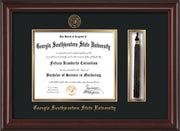 Image of Georgia Southwestern State Univerity Diploma Frame - Mahogany Lacquer - w/Embossed Seal & Name - Tassel Holder - Black on Gold mat