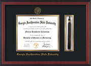 Image of Georgia Southwestern State Univerity Diploma Frame - Cherry Reverse - w/Embossed Seal & Name - Tassel Holder - Black on Gold mat