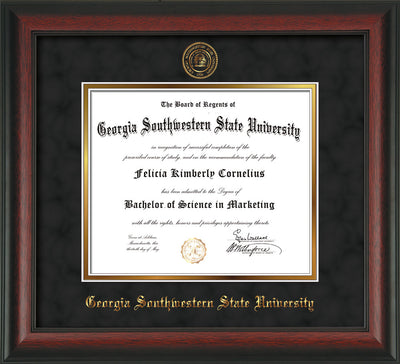 Image of Georgia Southwestern State Univerity Diploma Frame - Rosewood - w/Embossed Seal & Name - Black Suede on Gold mat