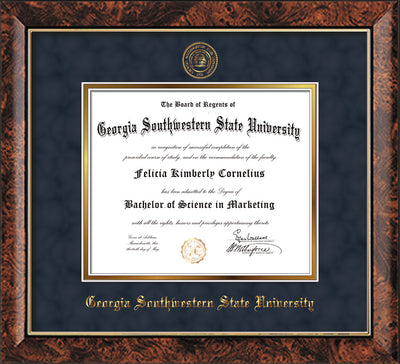 Image of Georgia Southwestern State Univerity Diploma Frame - Walnut - w/Embossed Seal & Name - Navy Suede on Gold mat